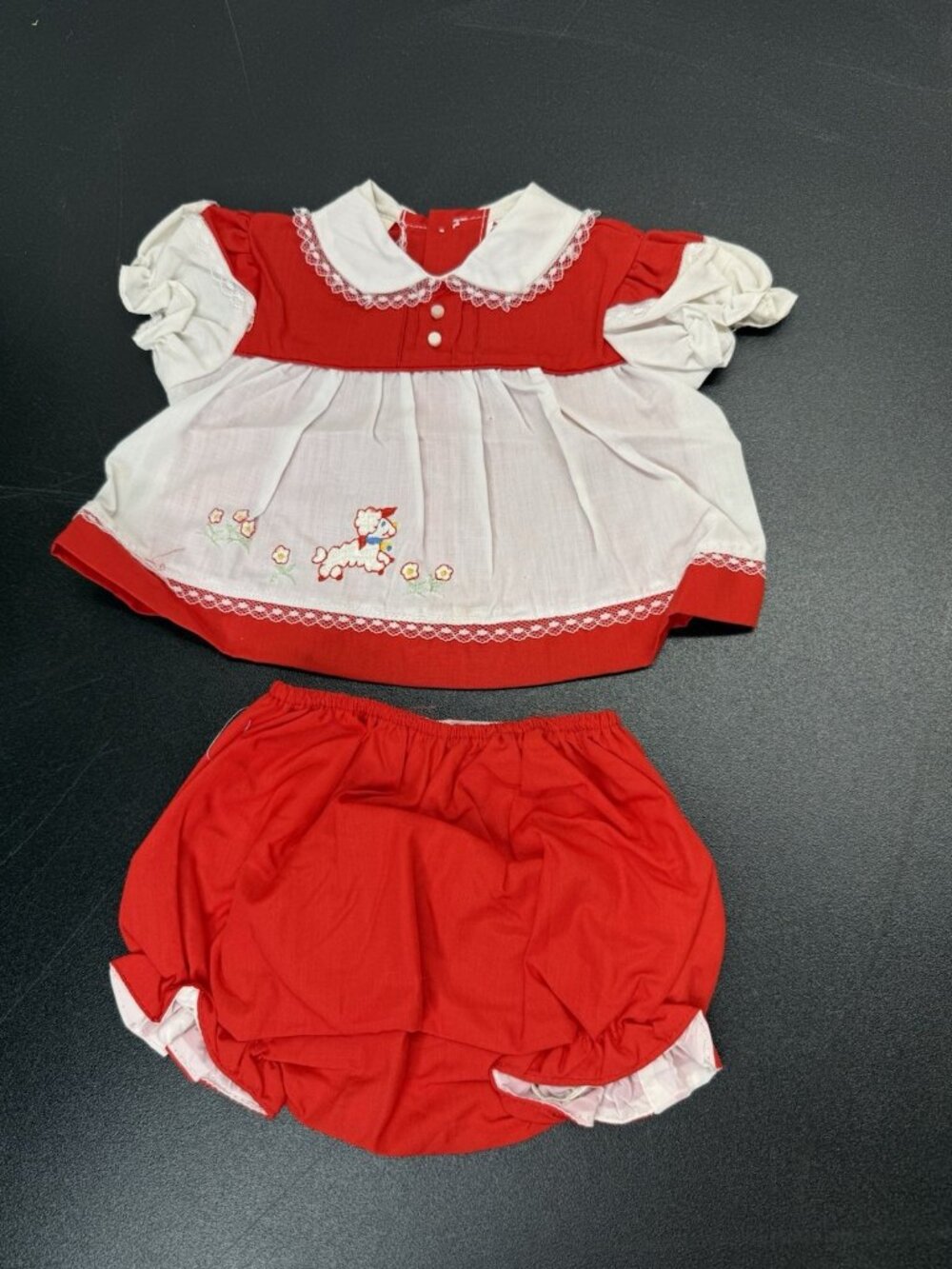 Vintage Cradle Togs Baby Dress Bloomers Set Embroidered Lamb Red 0-6 Months